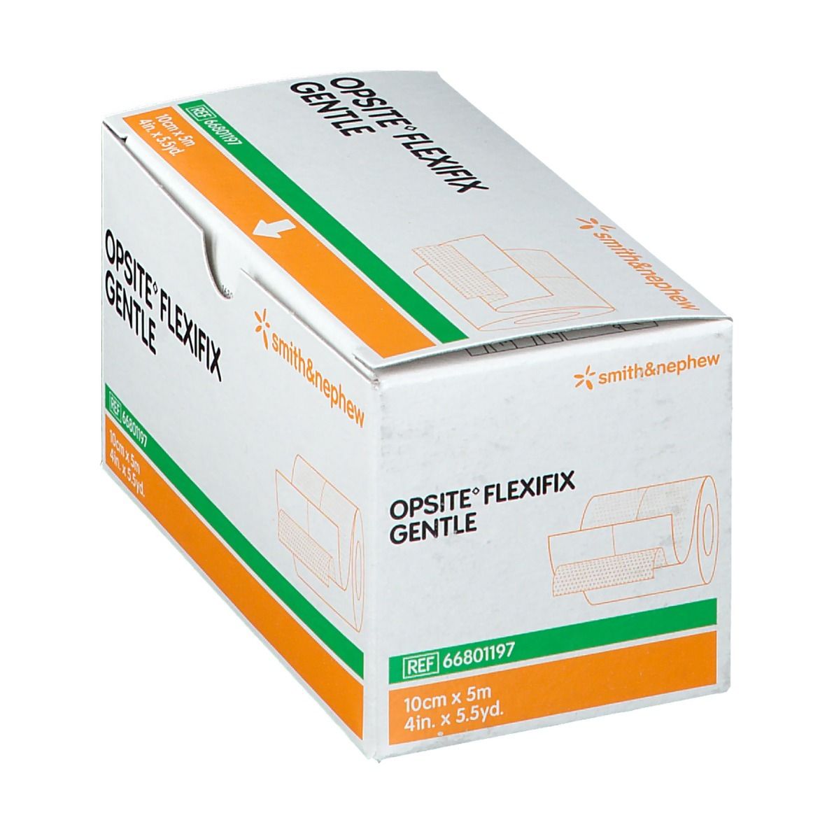 Boîte de Opsite Flexifix Gentle. Blanche avec détails verts et orange. Nom et dimensions du produit indiqués sur l'emballage.