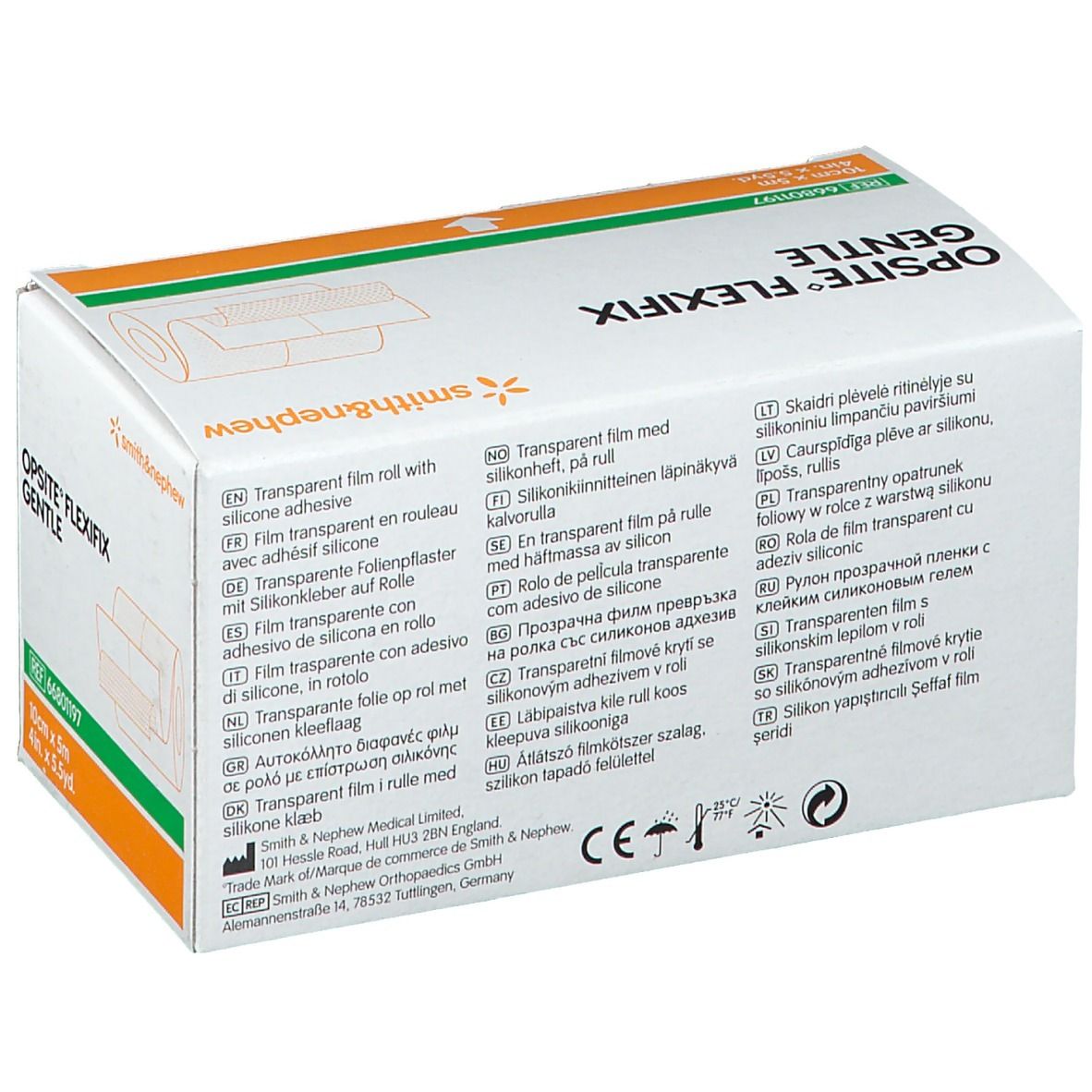 Dos de la boîte Opsite Flexifix Gentle. Informations multilingues sur le produit. Logo du fabricant et nom du produit visibles.