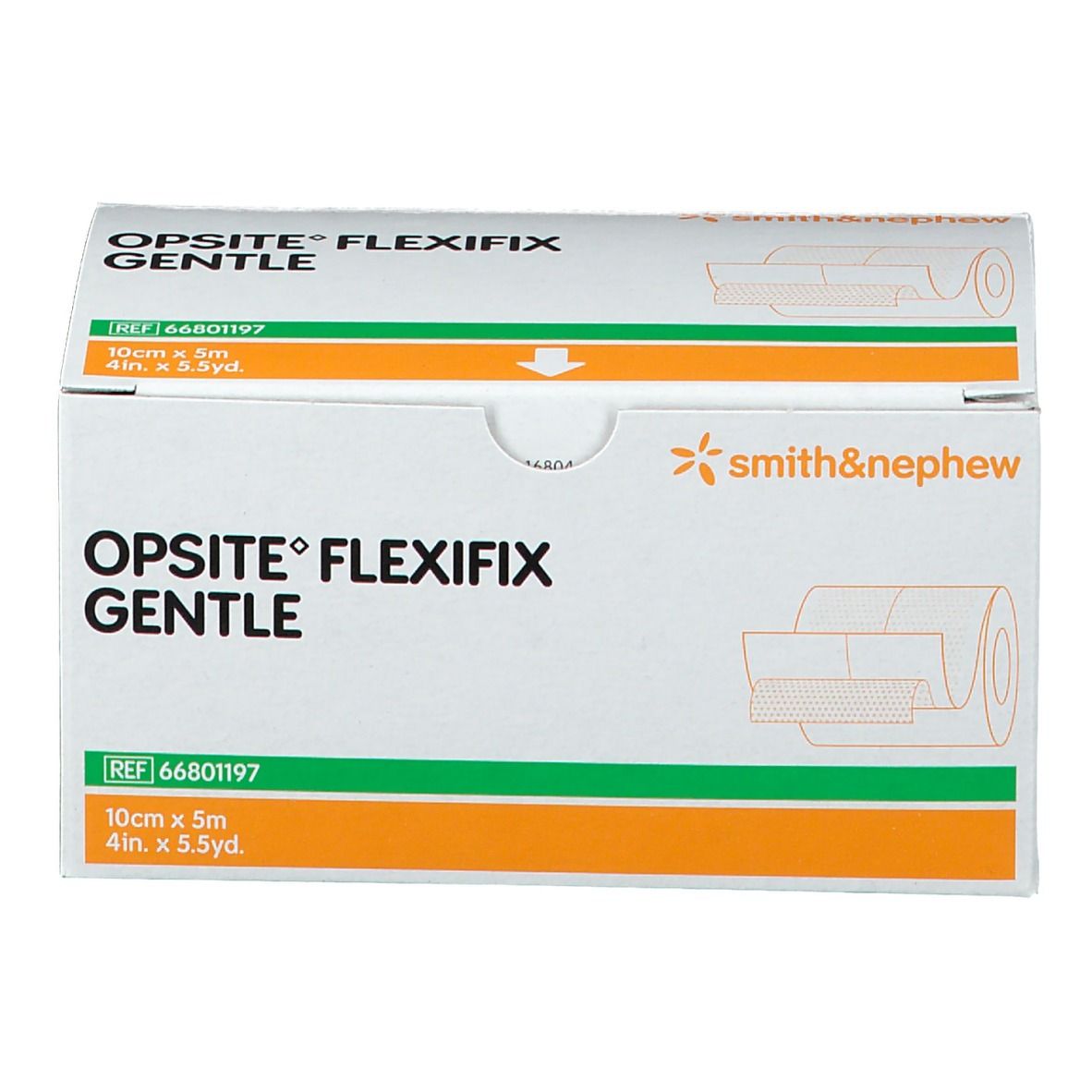 Boîte de Opsite Flexifix Gentle. Carton blanc avec accents verts et orange. Nom du produit et dimensions clairement visibles.