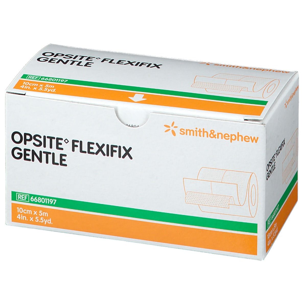 Boîte de Opsite Flexifix Gentle. Carton blanc avec accents verts et orange. Nom du produit et dimensions clairement visibles.