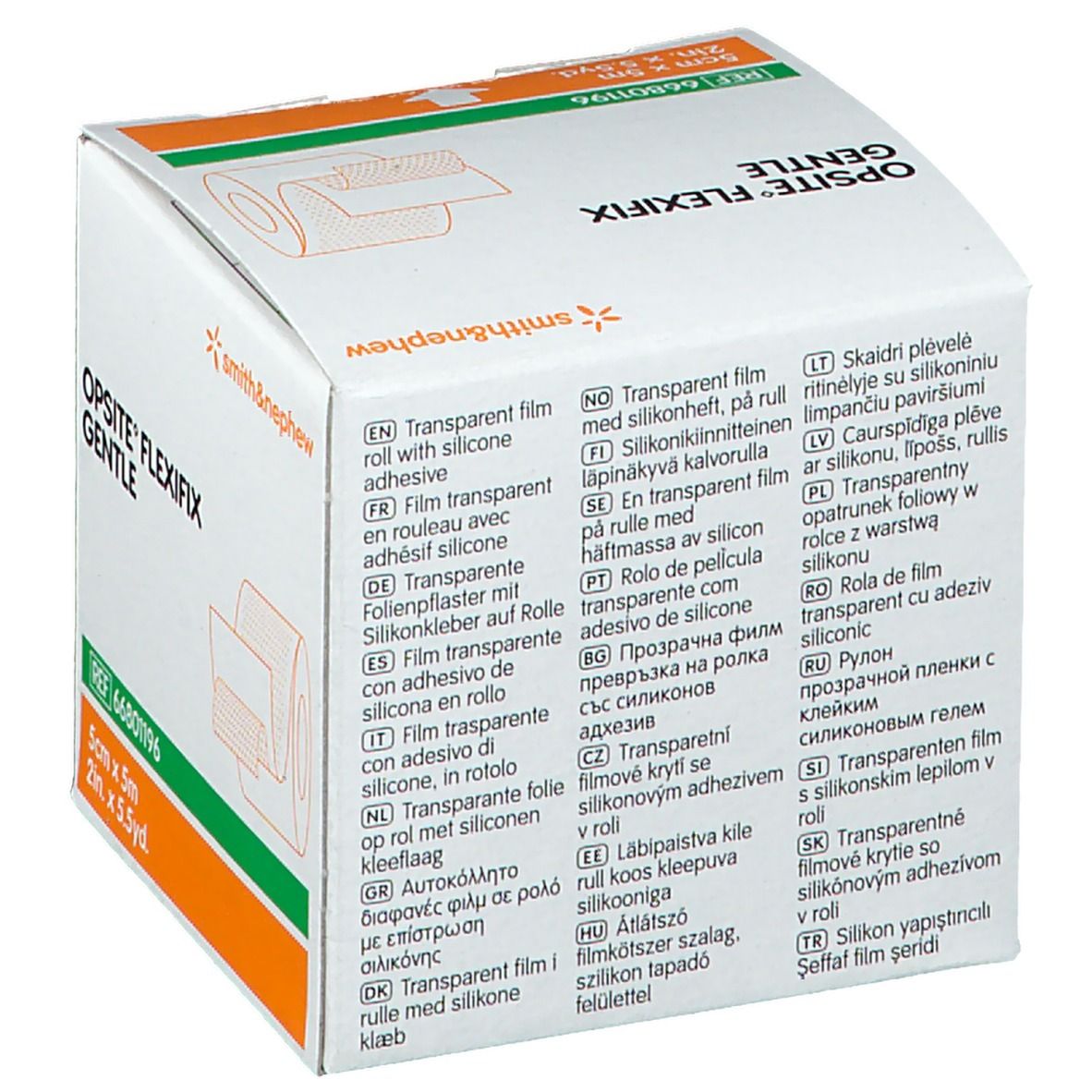 Boîte Opsite Flexifix Gentle. Rouleau de 5 cm x 5 m. Logo Smith & Nephew. Informations produit sur l'emballage.