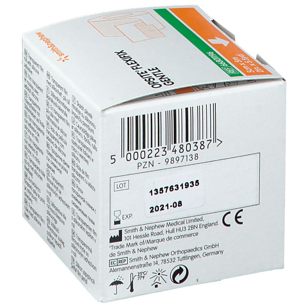 Boîte Opsite Flexifix Gentle. Rouleau de 5 cm x 5 m. Logo Smith & Nephew. Informations produit sur l'emballage.