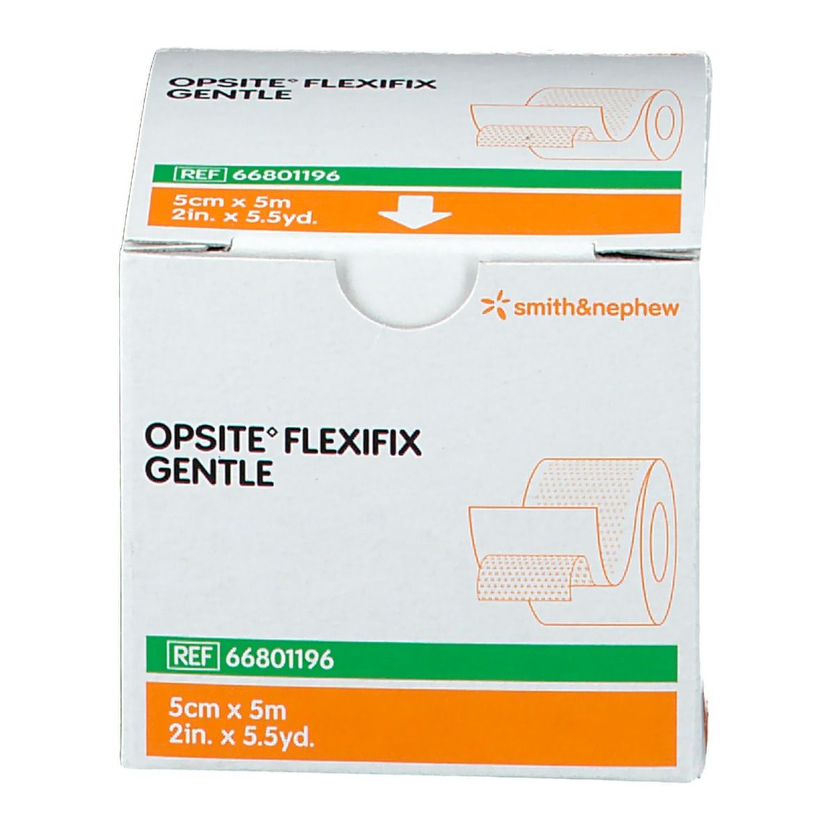 Boîte Opsite Flexifix Gentle. Rouleau de 5 cm x 5 m. Logo Smith & Nephew. Informations produit sur l'emballage.