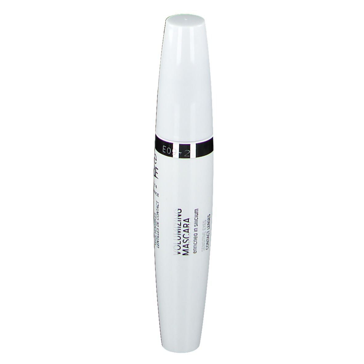 Weiße Mascarahülse mit schwarzem Band. Text: VOLUMIZING MASCARA, angereichert mit Silizium.