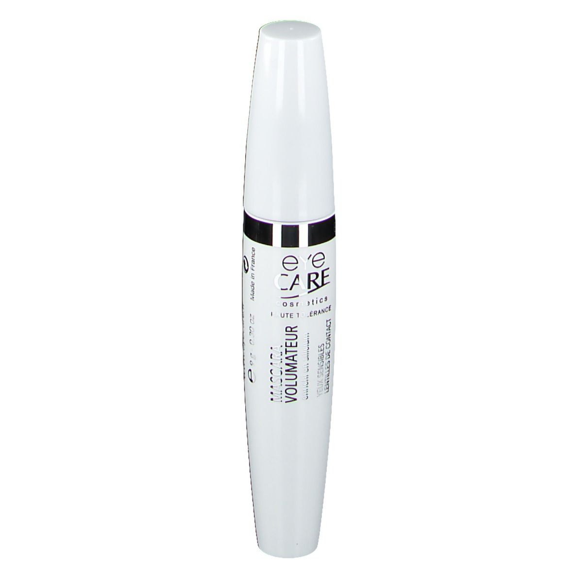 Weiße Mascarahülse mit schwarzem Band. Text: EYE CARE, Volumateur, für empfindliche Augen.