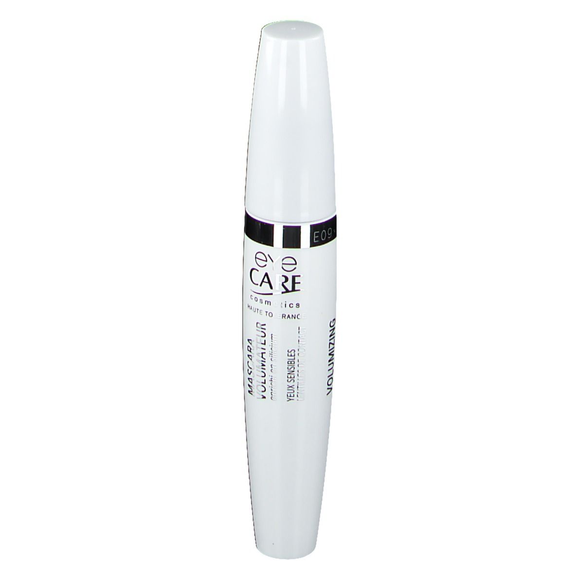 Weiße Mascarahülse mit schwarzem Band. Text: EYE CARE, Mascara, Volumizing, für empfindliche Augen.