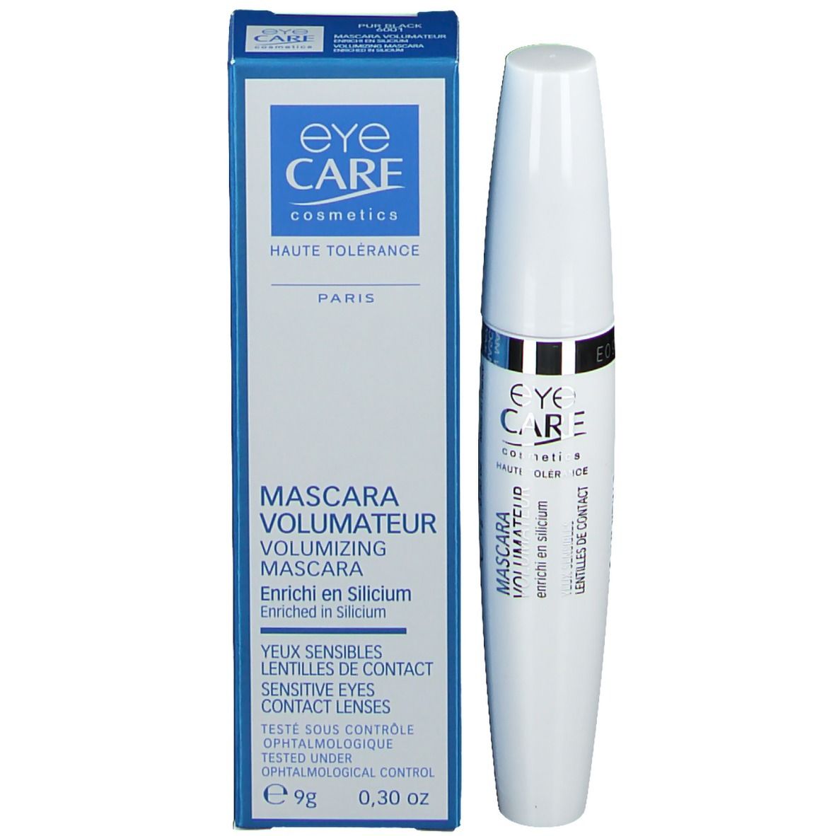 Blauer Karton und weiße Mascarahülse. Text: EYE CARE, Mascara Volumateur, für empfindliche Augen.
