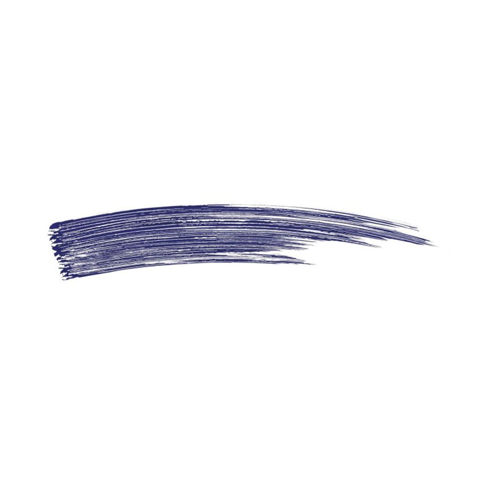 Trait de mascara bleu sur fond blanc. Texture visible.