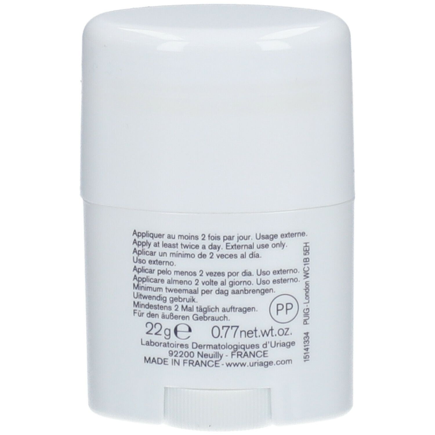 Dos du stick blanc. Texte: 22g, 0.77 net wt. Uriage.