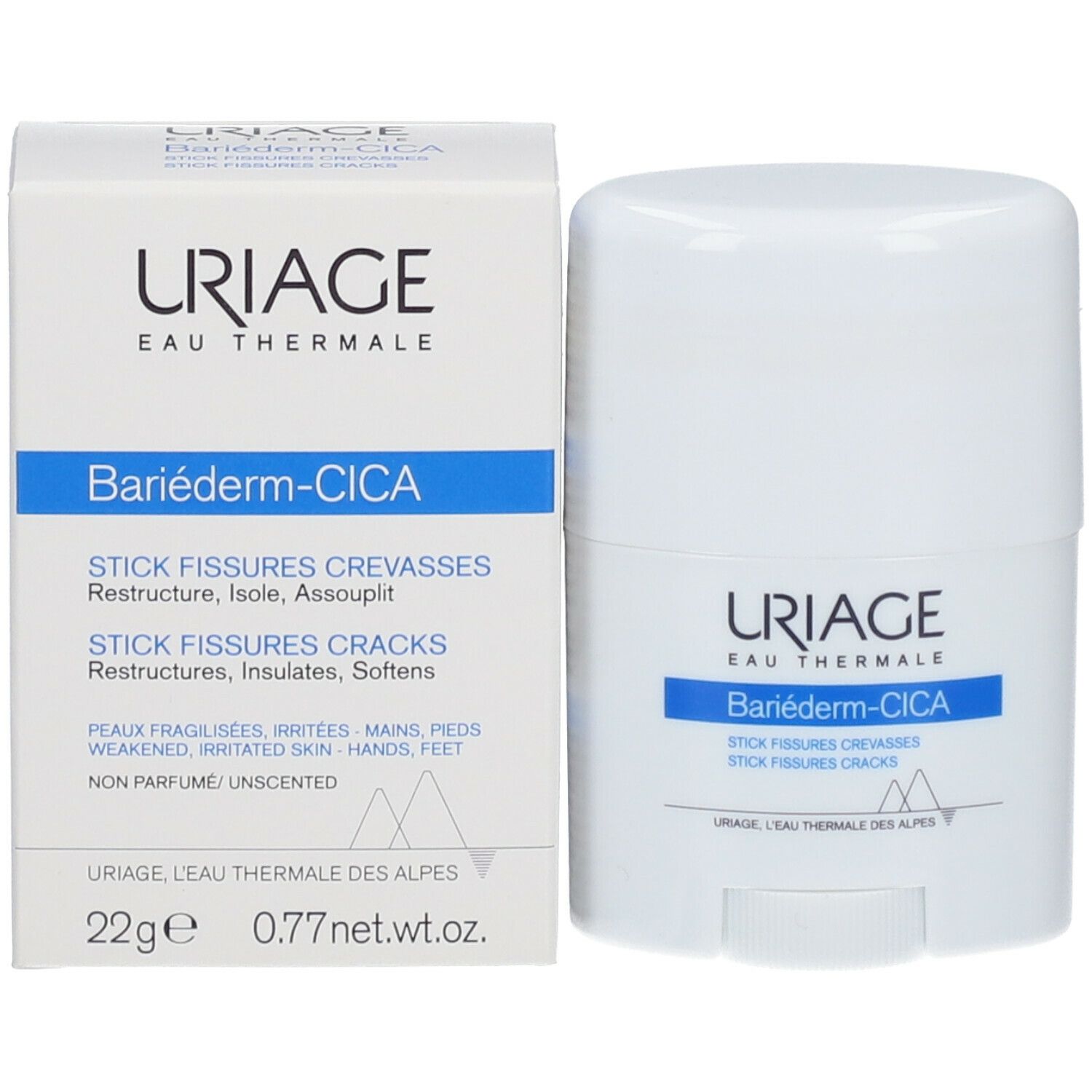 Stick et boîte Uriage BARIÉDERM-CICA. Inscription bleue.