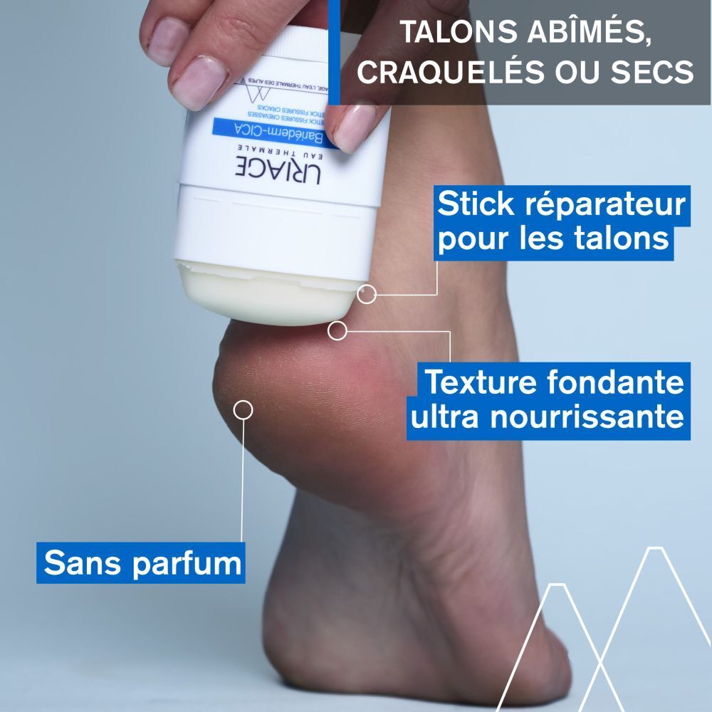 Pied avec stick Uriage BARIÉDERM-CICA. Texte: Talons abîmés.