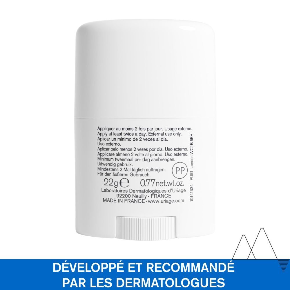 Dos du stick blanc. Texte: 22g, 0.77 net wt. Uriage.