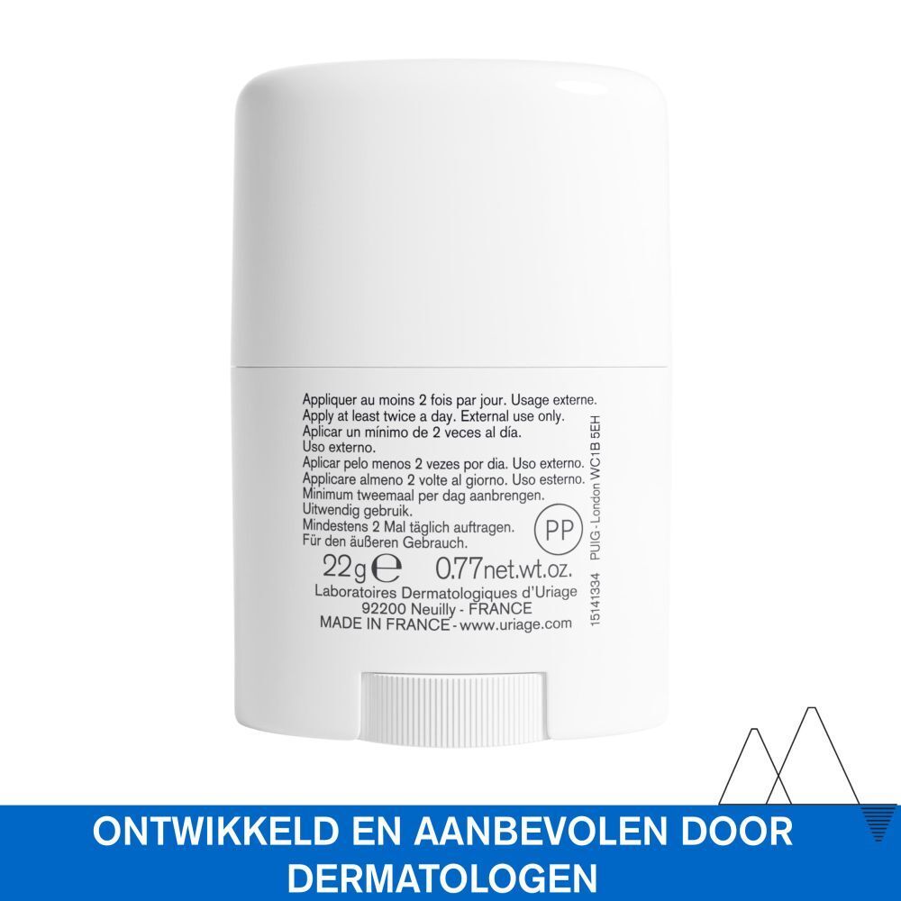 Achterkant van de witte stick. Tekst: 22g, 0.77 net wt. Uriage.