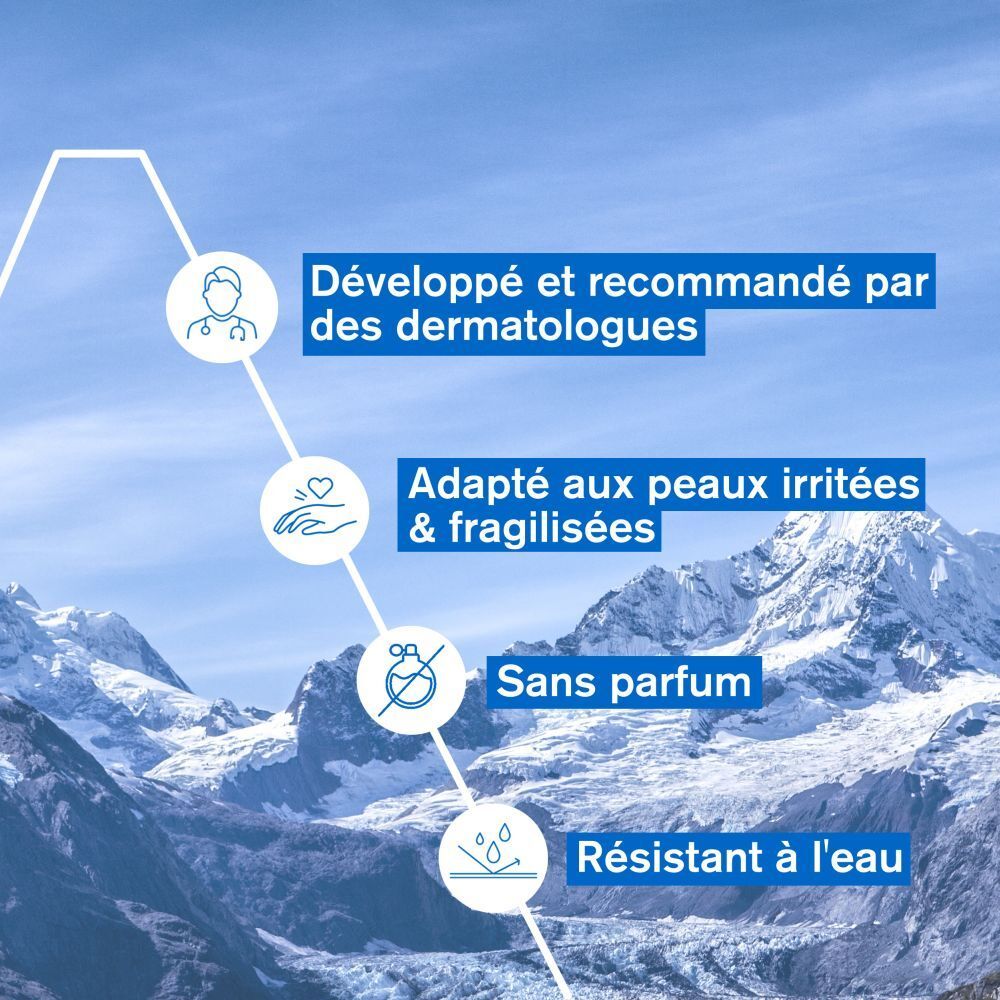 Texte: Développé et recommandé par des dermatologues. Résistant à l'eau.