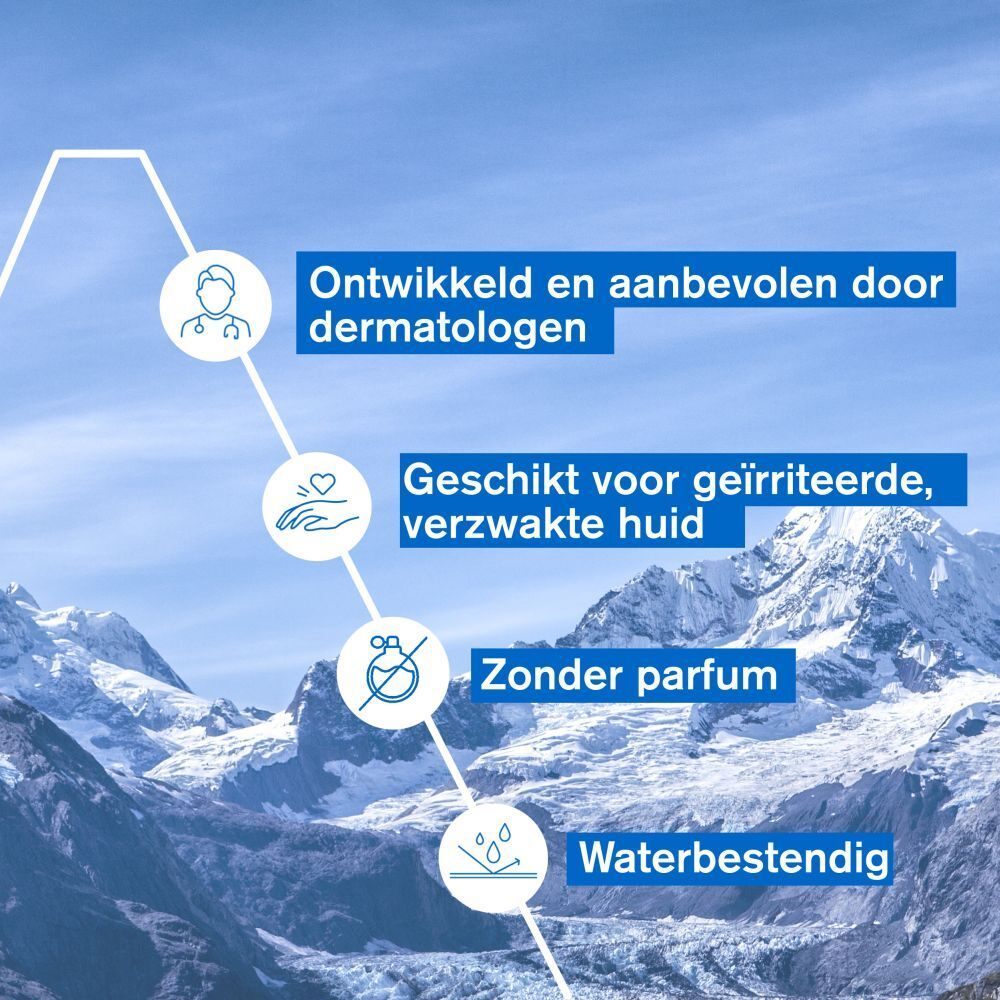Tekst: Ontwikkeld en aanbevolen door dermatologen. Waterbestendig.