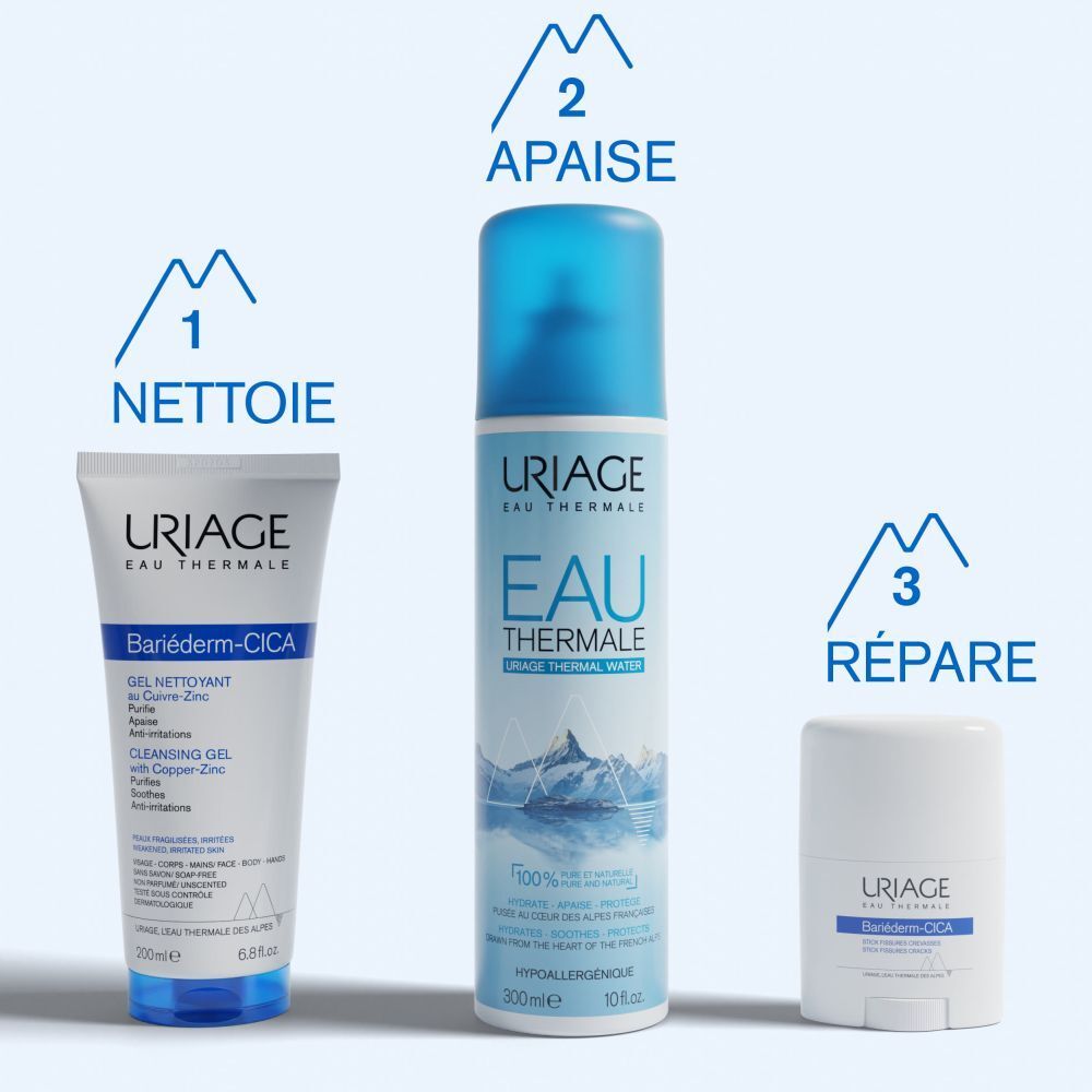 Produits Uriage: Gel, Eau Thermale, Stick. Texte: Nettoie, apaise, répare.