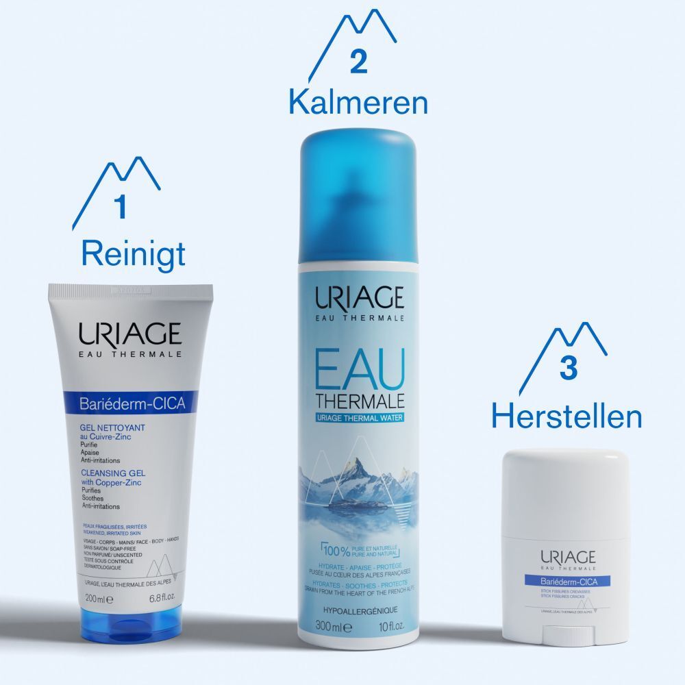 Uriage producten: Gel, Thermaal water, Stick. Tekst: Reinigt, kalmeert, herstelt.