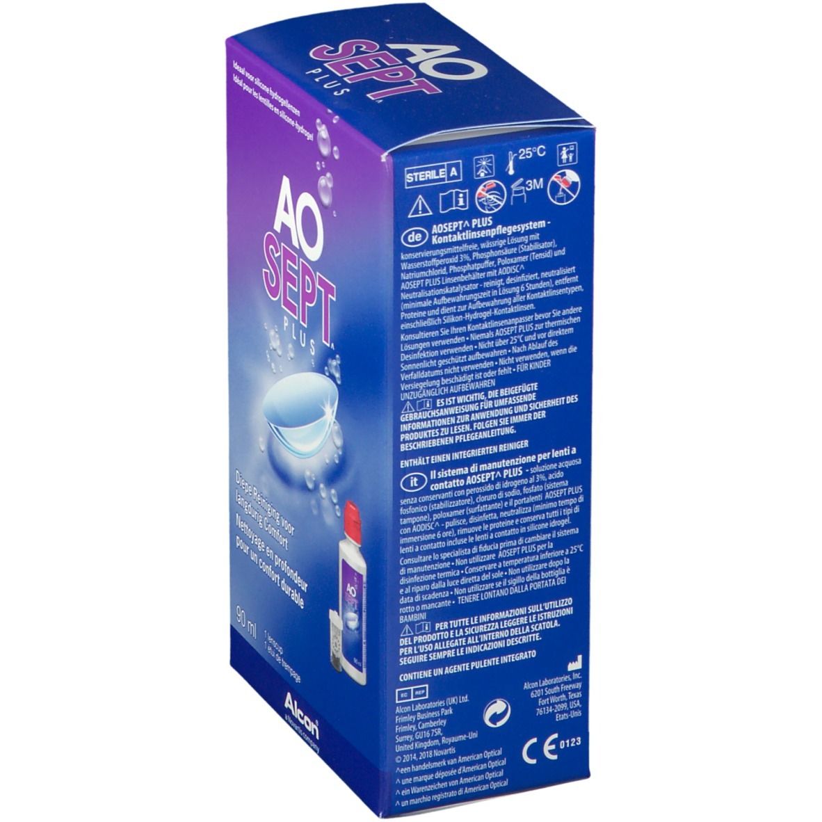 Achterkant van de blauw-paarse doos met AO SEPT PLUS. Meertalige tekst. Bevat informatie en symbolen.