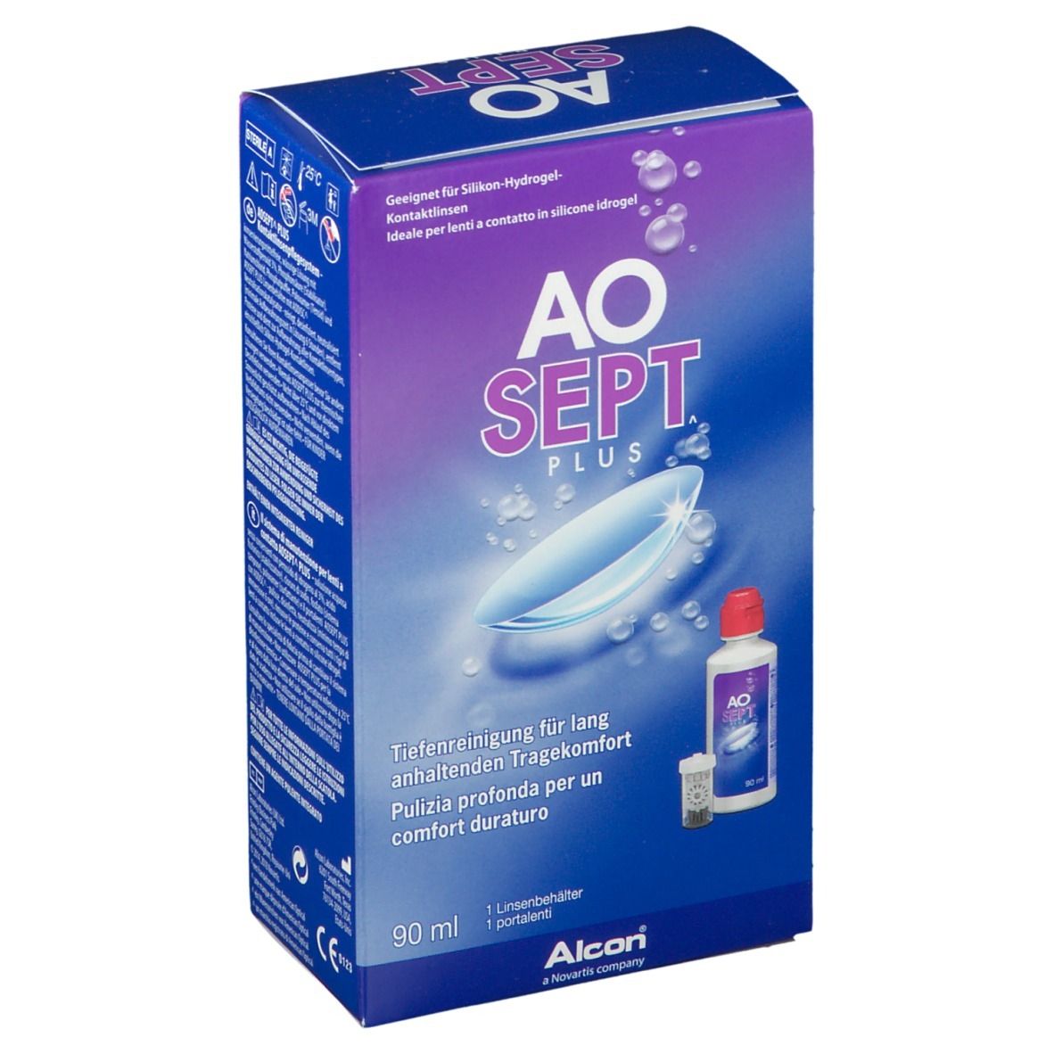 Blauw-paarse doos met AO SEPT PLUS. Bevat flesje, houder en contactlens. Tekst: '90 ml', 'Alcon'.