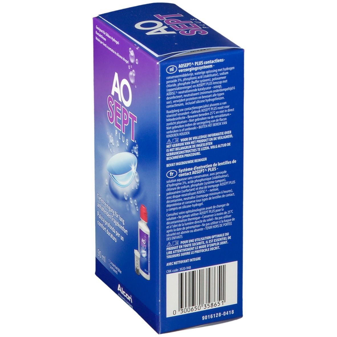 Achterkant van de blauw-paarse doos met AO SEPT PLUS. Meertalige tekst. Bevat informatie en symbolen.