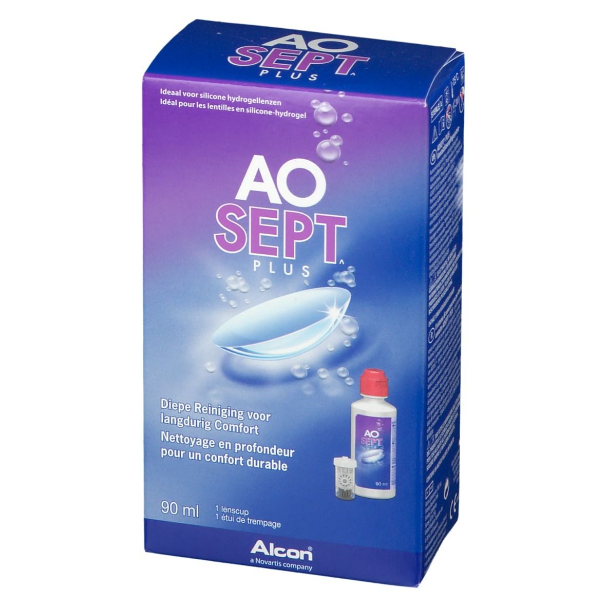 Blauw-paarse doos met AO SEPT PLUS. Bevat flesje, houder en contactlens. Tekst: '90 ml', 'Alcon'.