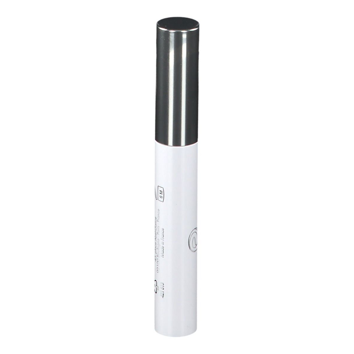 Mascara-tube met zilveren dop. Witte behuizing met zwarte tekst en symbolen.