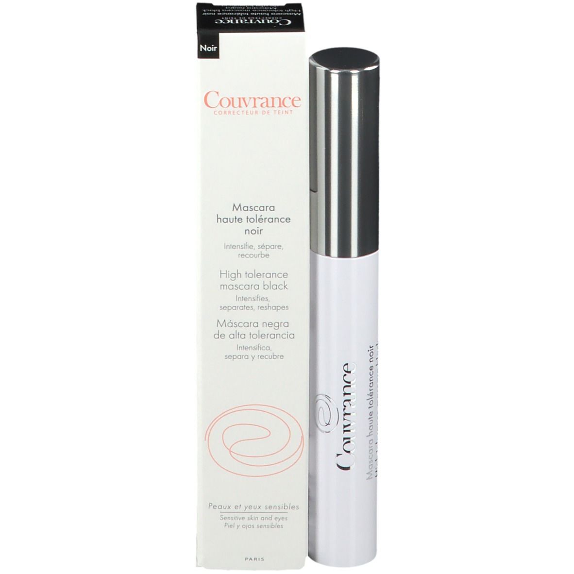 Mascara-tube en verpakking. Tube met zilveren dop. Verpakking met tekst: Couvrance, Mascara haute tolérance noir.