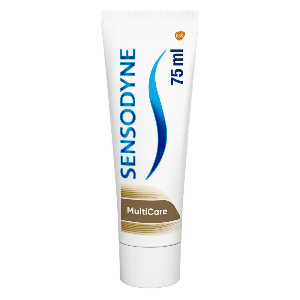 Tube de dentifrice Sensodyne MultiCare, 75 ml. Logo et texte visibles.