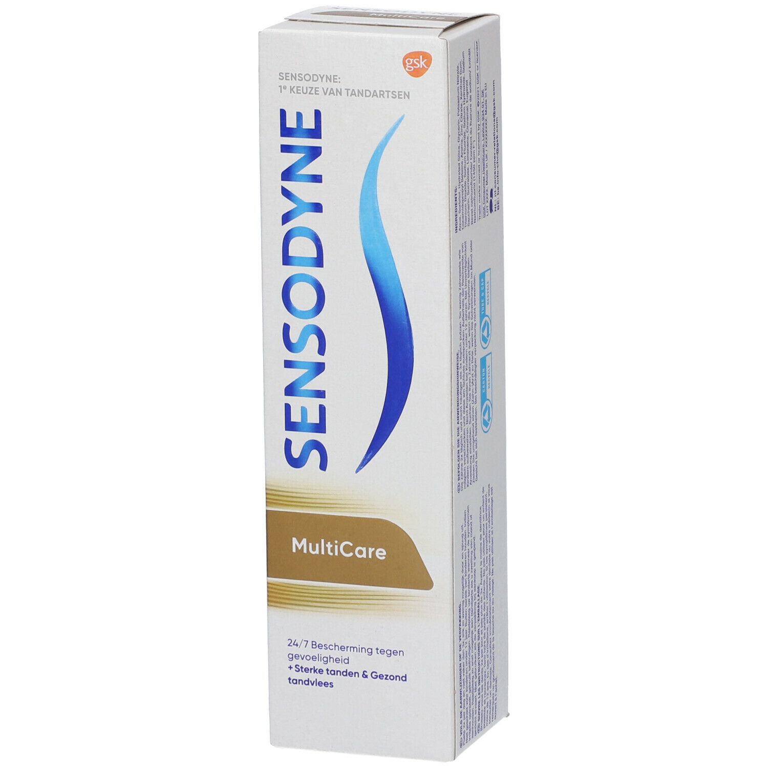 Boîte Sensodyne MultiCare. Logo et nom du produit visibles.
