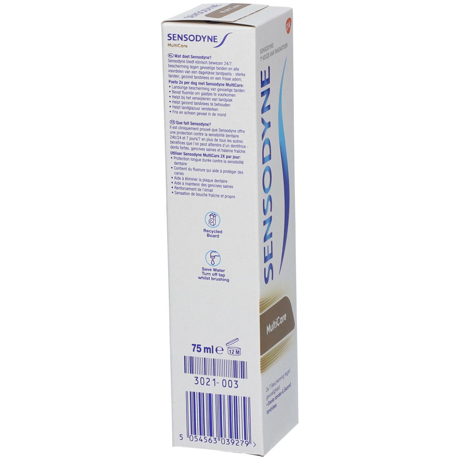 Boîte Sensodyne MultiCare, dos avec texte et logo.