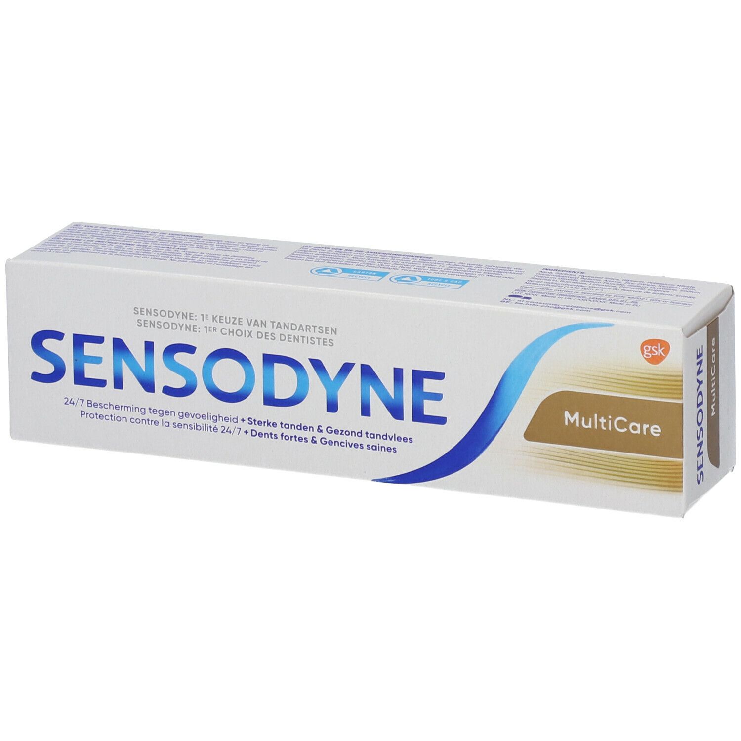 Boîte Sensodyne MultiCare, face avant avec logo et nom du produit.