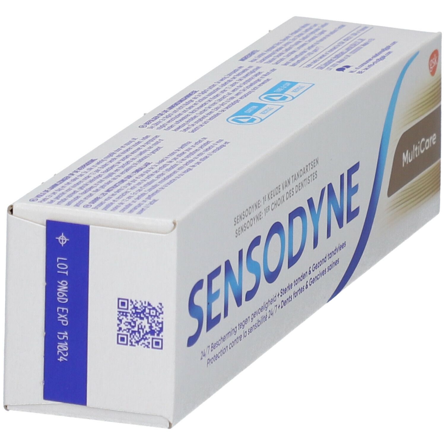 Boîte Sensodyne MultiCare, vue en biais avec logo et texte.