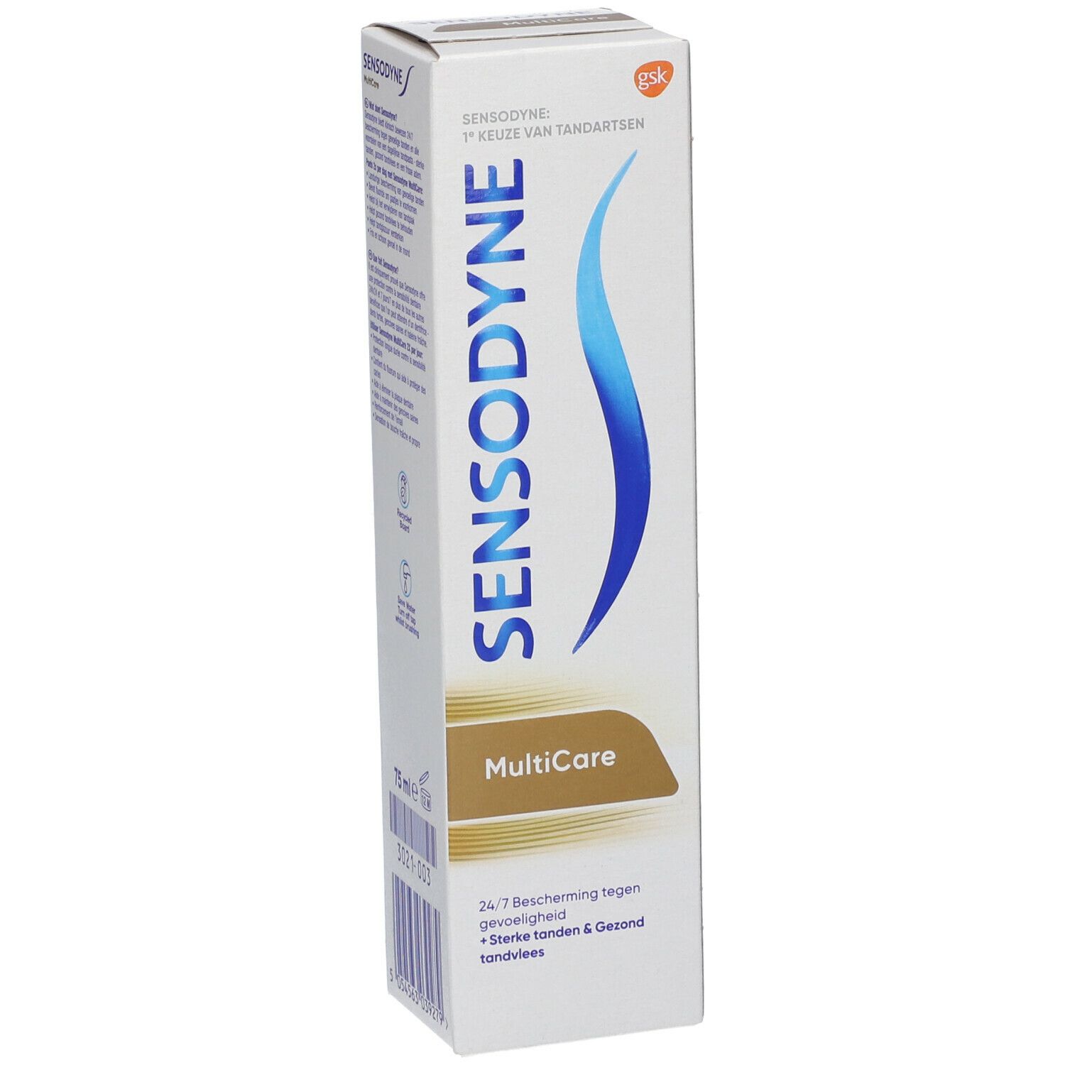 Boîte Sensodyne MultiCare, côté avec logo et nom du produit.