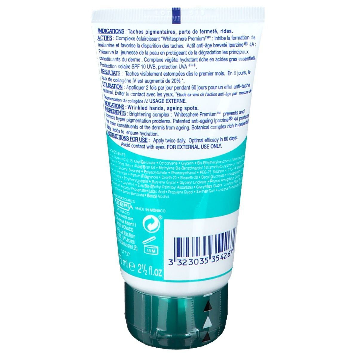 Dos du tube Vita citral® Anti-Age Handcreme. Texte et code-barres. Bouchon vert.
