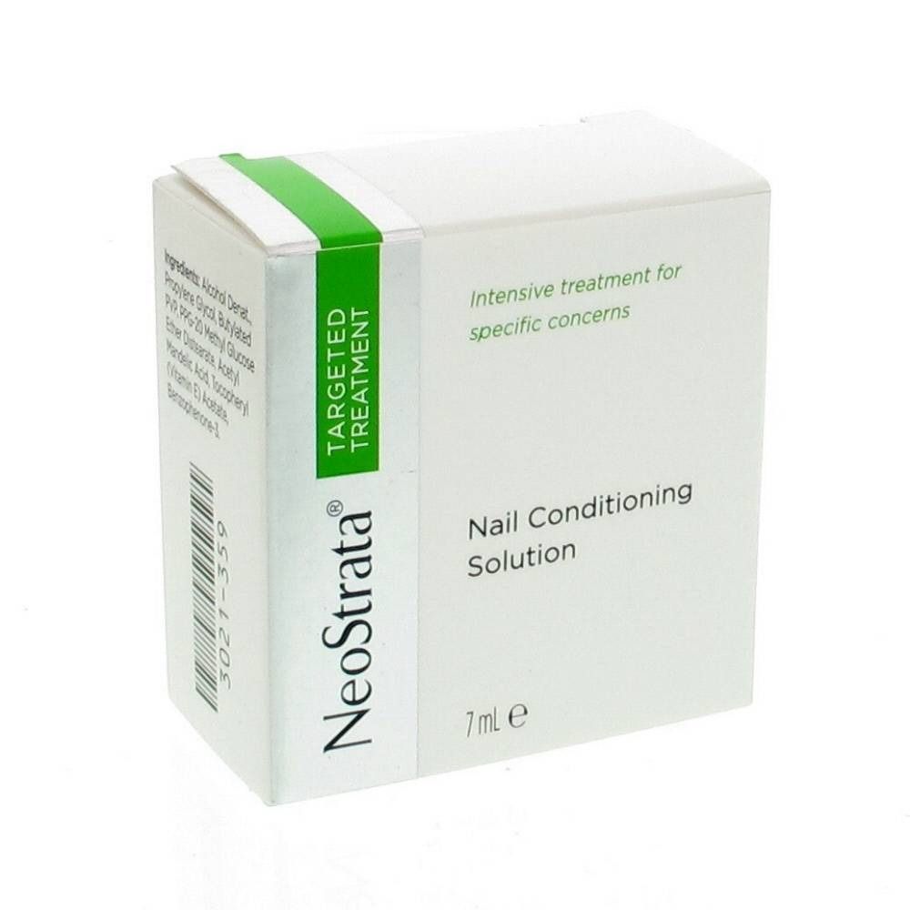 Scatola bianca con striscia verde. Scritto: Neostrata, Targeted Treatment, Nail Conditioning Solution, 7ml.