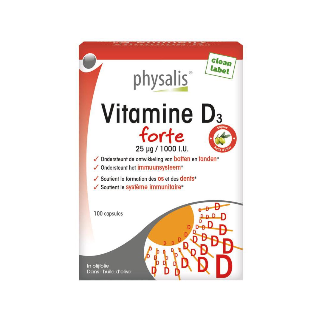 Boîte de Physalis® Vitamine D3 forte. Emballage rouge et blanc avec nom et informations. Contient 100 gélules. Avec huile d'olive.