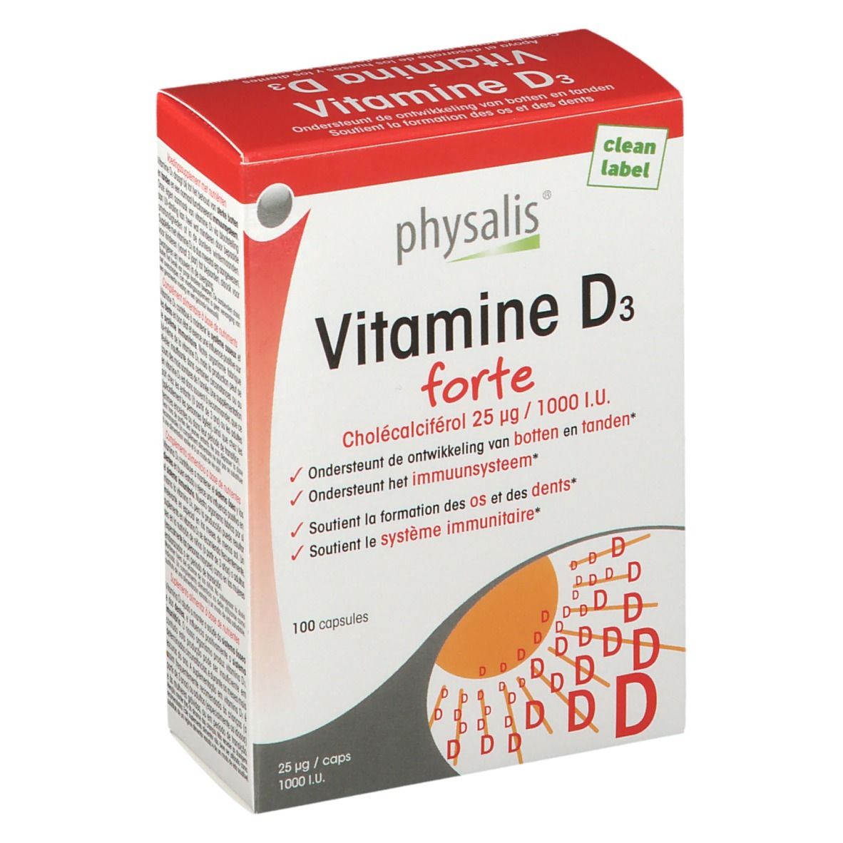 Boîte de Physalis® Vitamine D3 forte. Emballage rouge et blanc avec nom et informations. Contient 100 gélules.