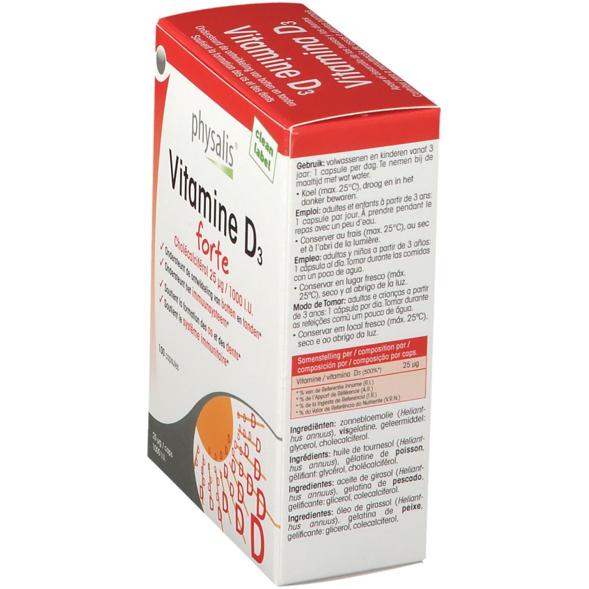 Boîte de Physalis® Vitamine D3 forte. Emballage rouge et blanc avec informations. Contient 100 gélules. Vue latérale.