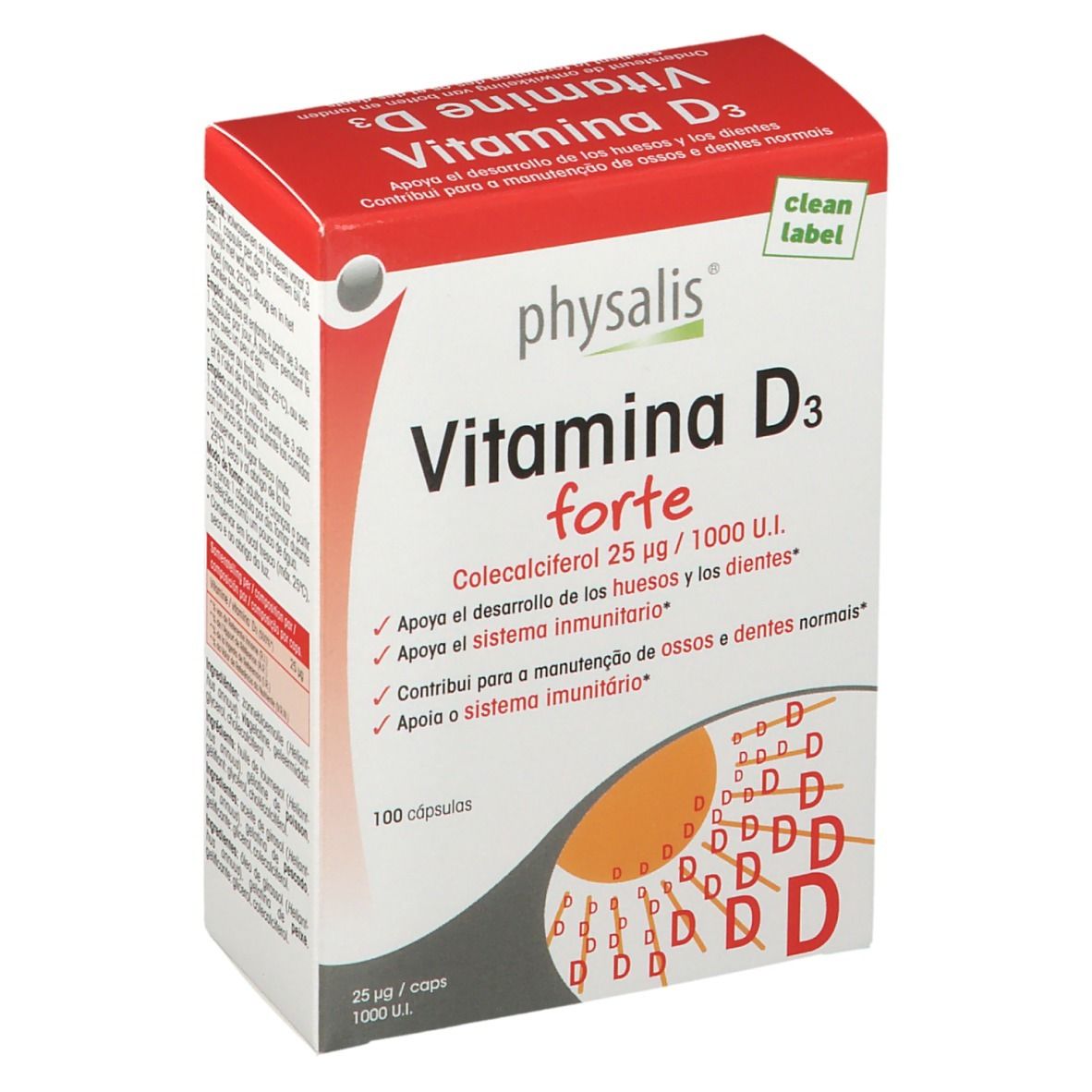 Boîte de Physalis® Vitamine D3 forte. Emballage rouge et blanc avec nom et informations. Contient 100 gélules.