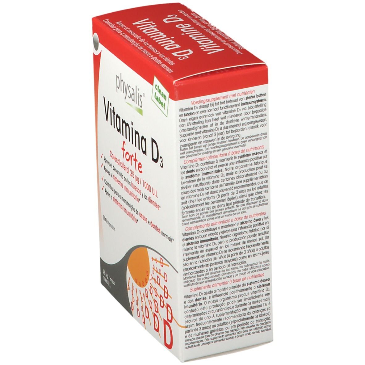 Boîte de Physalis® Vitamine D3 forte. Emballage rouge et blanc avec informations. Contient 100 gélules. Vue latérale.