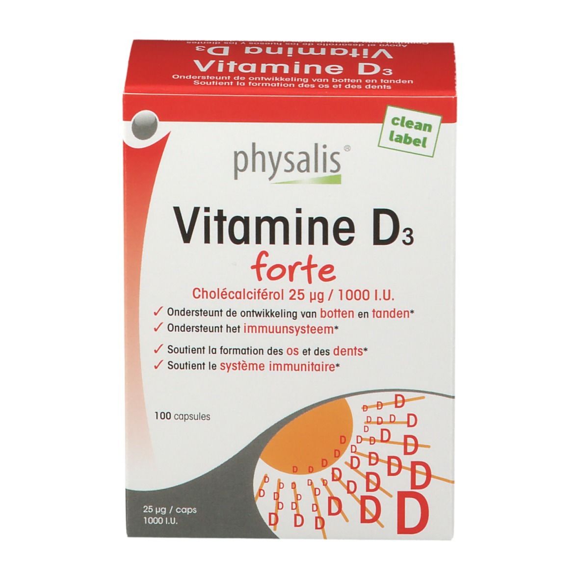 Boîte de Physalis® Vitamine D3 forte. Emballage rouge et blanc avec nom et informations. Contient 100 gélules.