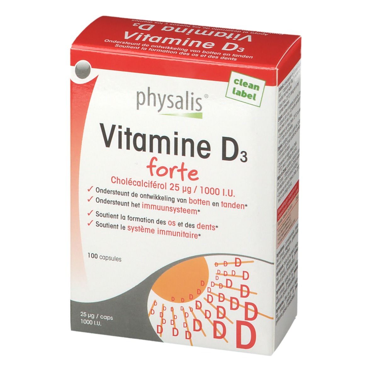 Boîte de Physalis® Vitamine D3 forte. Emballage rouge et blanc avec nom et informations. Contient 100 gélules.