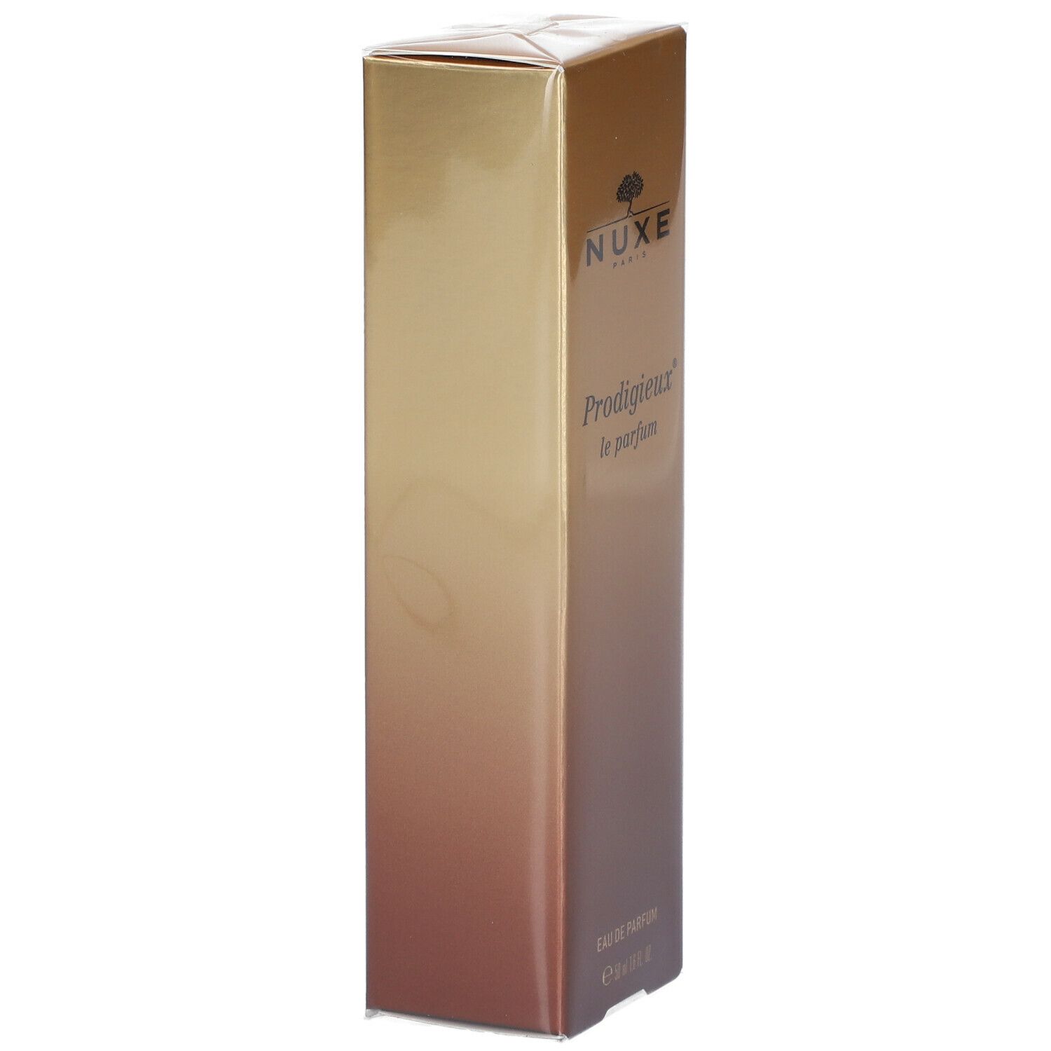 Boîte rectangulaire dorée avec logo NUXE et nom du produit Prodigieux le parfum. En bas, Eau de Parfum.