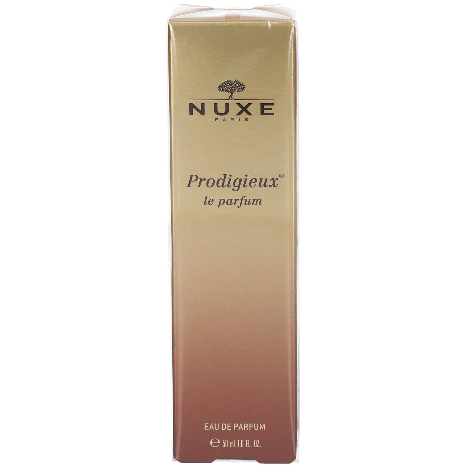 Boîte rectangulaire dorée avec logo NUXE et nom du produit Prodigieux le parfum. En bas, Eau de Parfum.