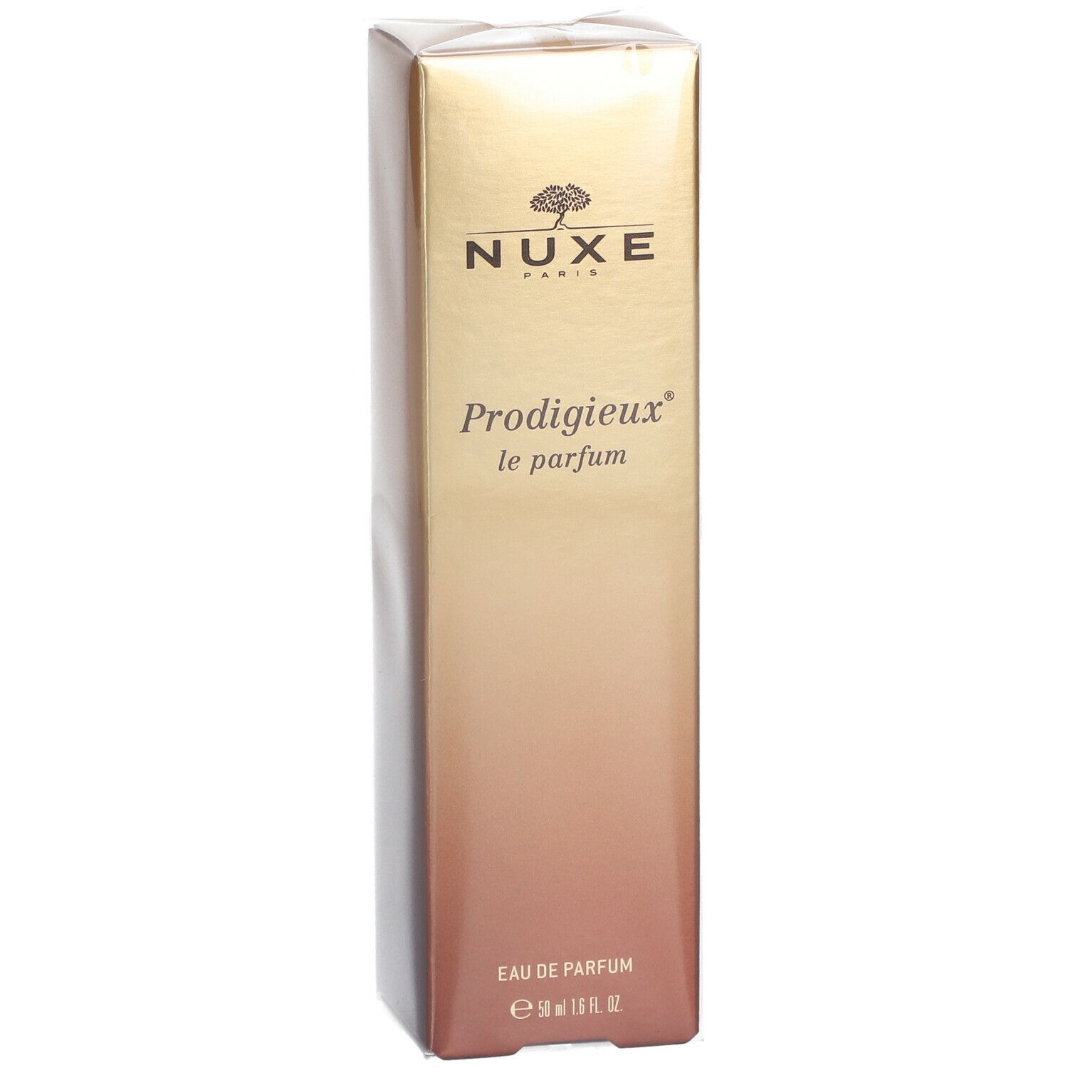 Boîte rectangulaire dorée avec logo NUXE et nom du produit Prodigieux le parfum. En bas, Eau de Parfum.
