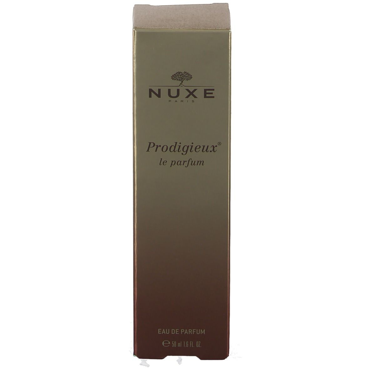 Boîte rectangulaire dorée avec logo NUXE et nom du produit Prodigieux le parfum. En bas, Eau de Parfum.