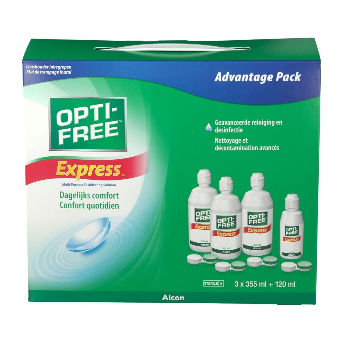 Emballage OPTI-FREE Express. Contient des flacons et des étuis. Emballage vert et blanc avec nom et logo du produit.