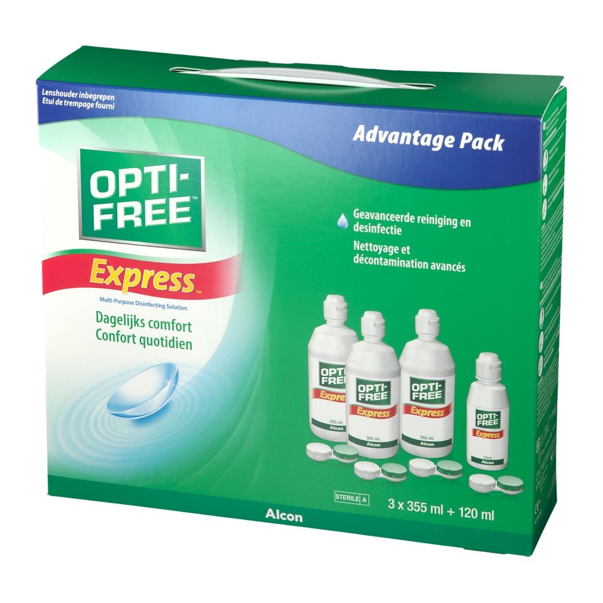 Emballage OPTI-FREE Express. Contient des flacons et des étuis. Emballage vert et blanc avec nom et logo du produit.