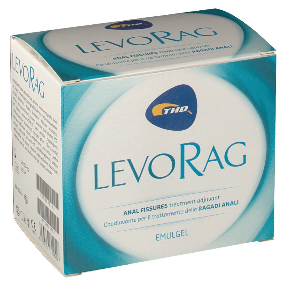 Boîte LEVORAG, logo et nom du produit. Emballage bleu et blanc avec logo THD. Texte: ANAL FISSURES treatment adjuvant.