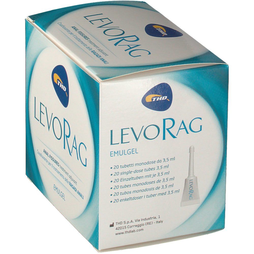 Boîte LEVORAG, logo et nom du produit. Contient 20 tubes monodoses. Nom du produit: EMULGEL. Logo THD. Tube blanc.